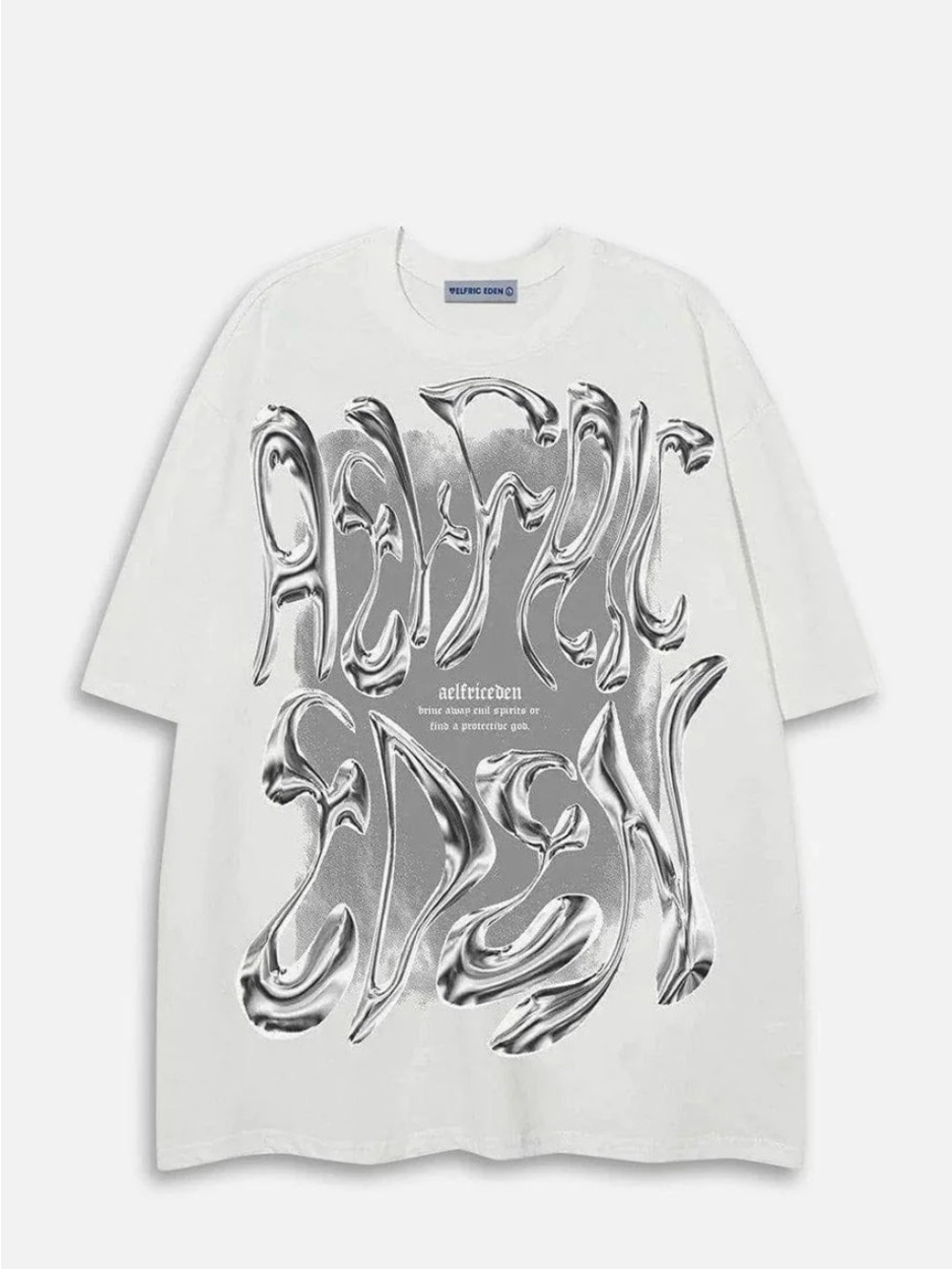 Aelfric Eden White Tee with Silver Metallic Swirl Graphic